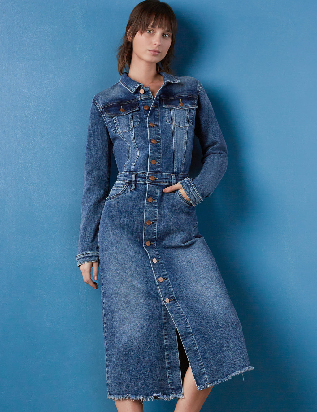 Women’s Piece Dyed Denim Dress with Frayed Hem – Wash Lab Marlin Blue / XS