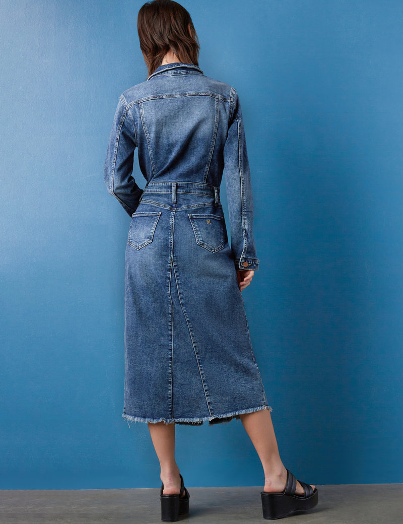 piece dyed denim dress Women's Piece Dyed Denim Dress with Frayed Hem Wash Lab washlabshop