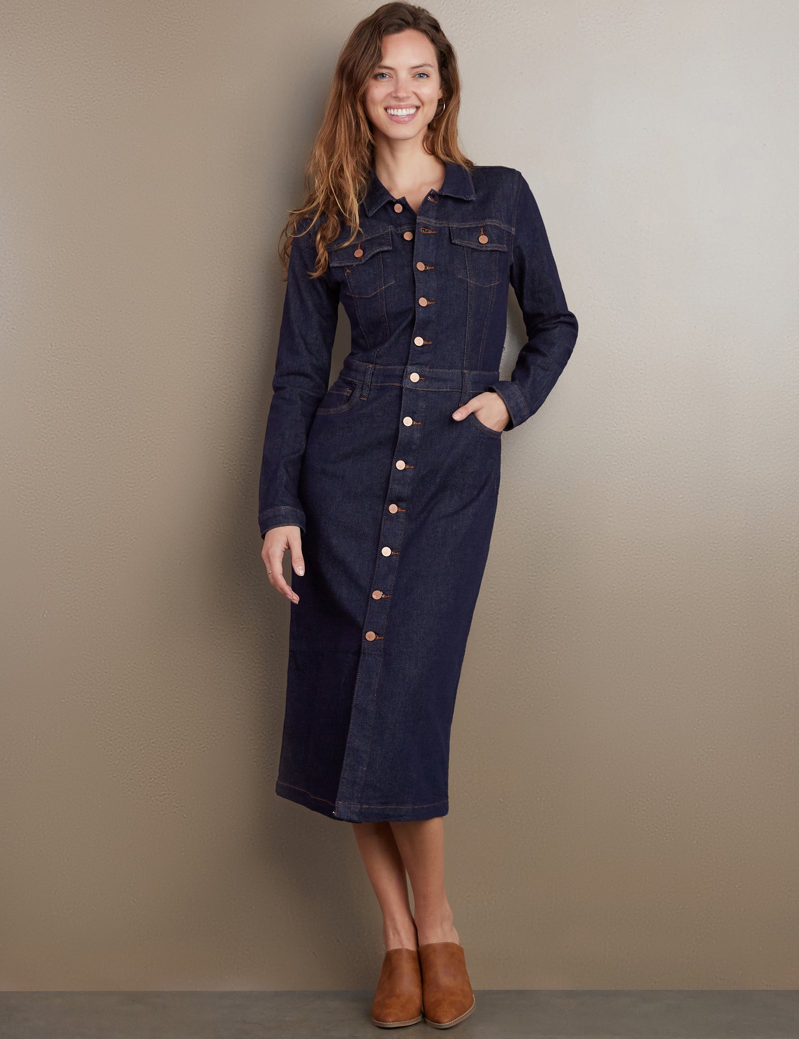 Women’s Piece Dyed Denim Dress with Frayed Hem – Wash Lab Raw Denim / XS