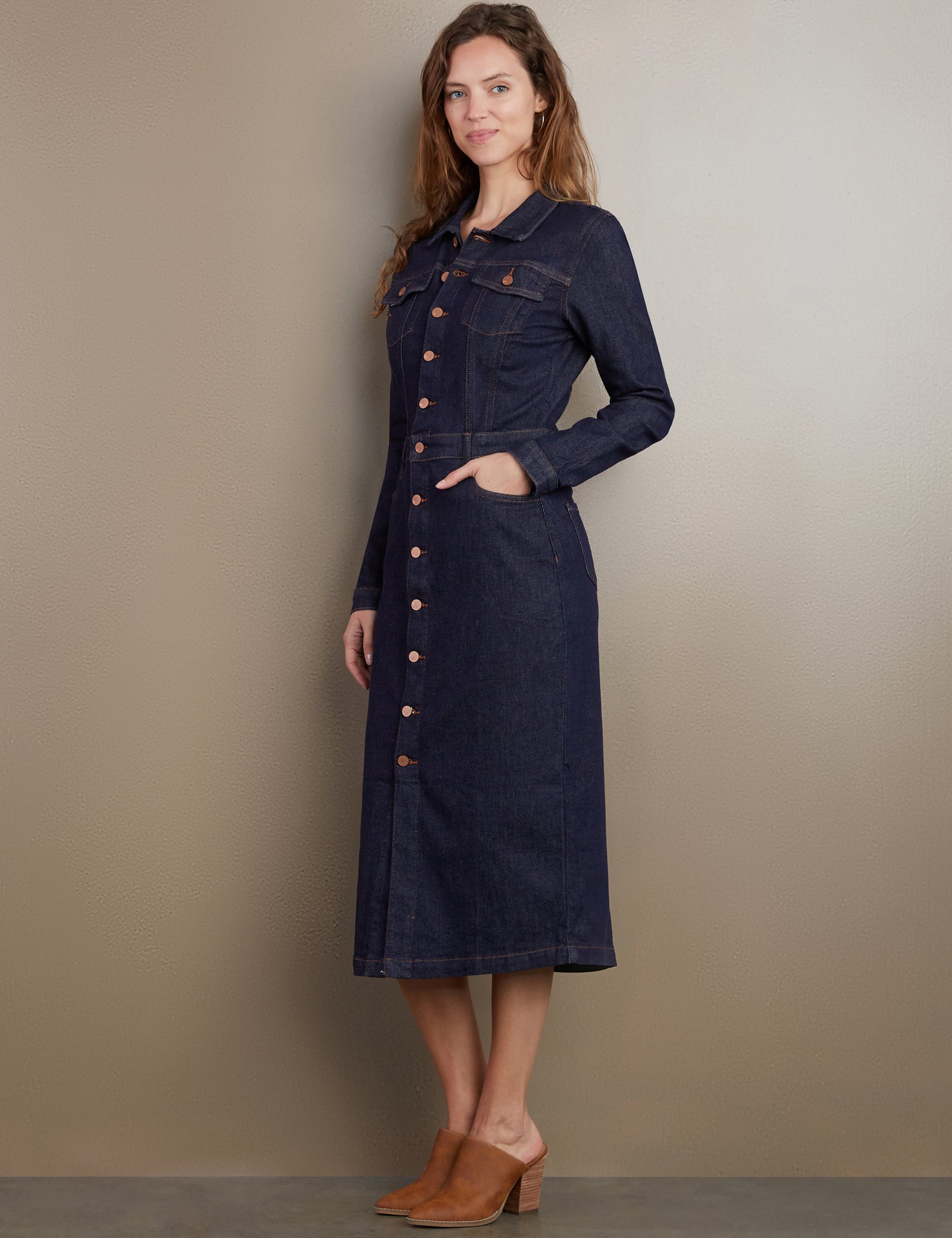 Women’s Piece Dyed Denim Dress with Frayed Hem – Wash Lab Raw Denim / XS