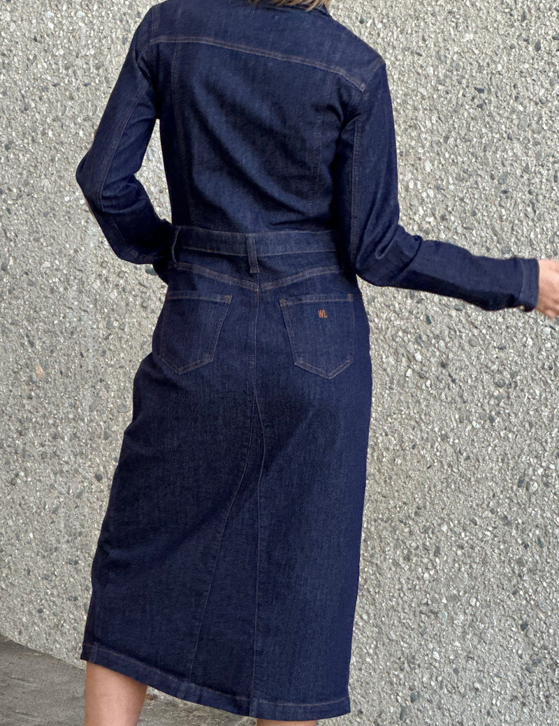 Women's Midi Piece Dyed Denim Dress in Raw Denim Back View