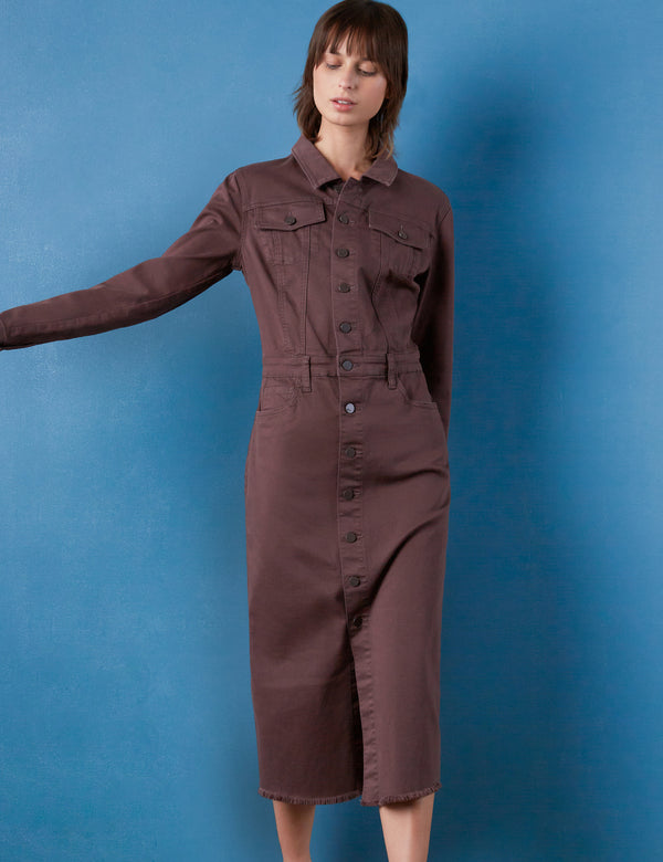 Women's Midi Piece Dyed Denim Dress in Dark  Chocolate Front View