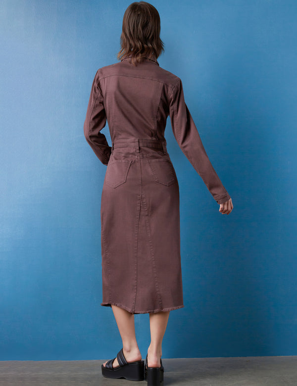 Women's Midi Piece Dyed Denim Dress in Dark  Chocolate Back View