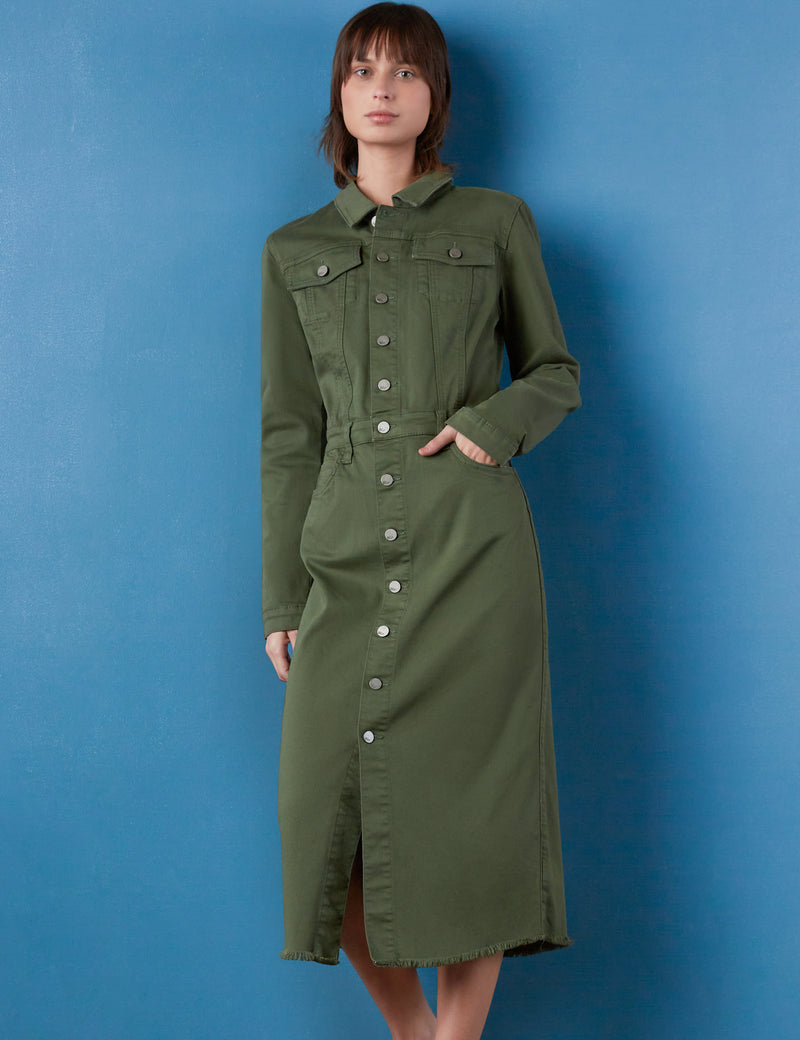 Women's Midi Pieced Dyed Denim Dress in Olive Tree Front View