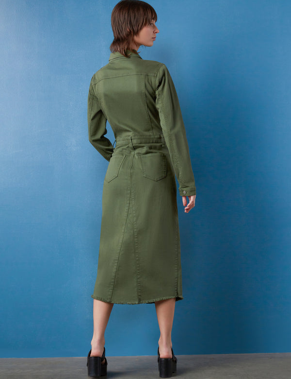 Women's Midi Pieced Dyed Denim Dress in Olive Tree Back View