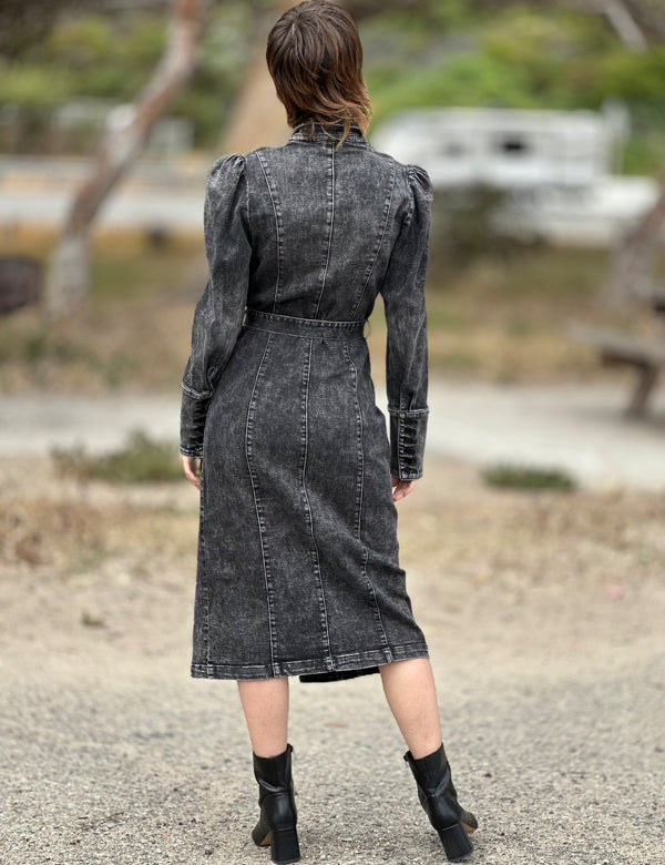 Women's Self Tied Crossover Shirtdress in Grey Back View