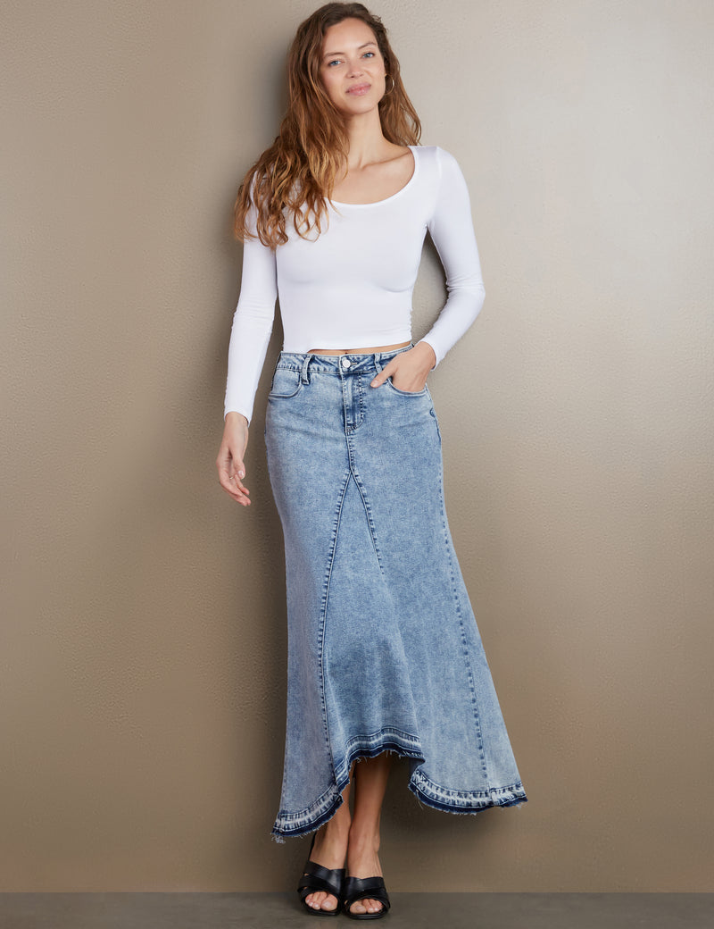 Women's Designer Selma Pieced Denim Maxi Skirt in Mineral Blue