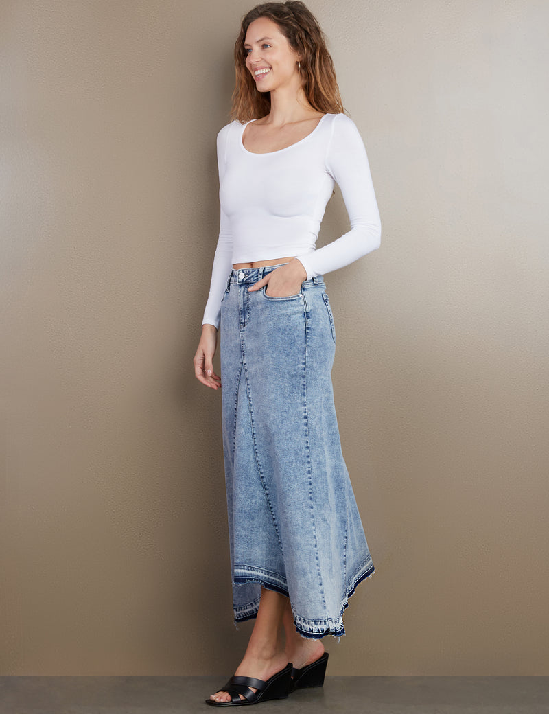 Women's Designer Selma Pieced Denim Maxi Skirt in Mineral Blue