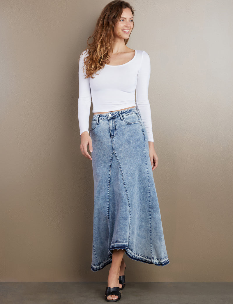 Women's Designer Selma Pieced Denim Maxi Skirt in Mineral Blue