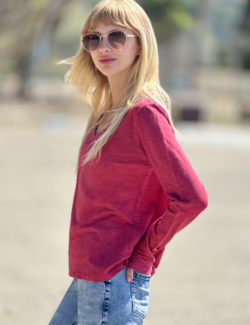 V-Neck Long Sleeve Cotton Slub Tee in Currant Side View