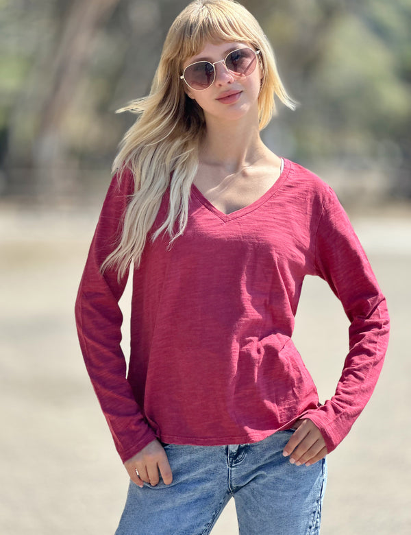 V-Neck Long Sleeve Cotton Slub Tee in Currant Front View