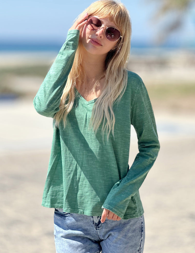 Cotton Slub V Neck Long Sleeve Tee in Spruce Front View