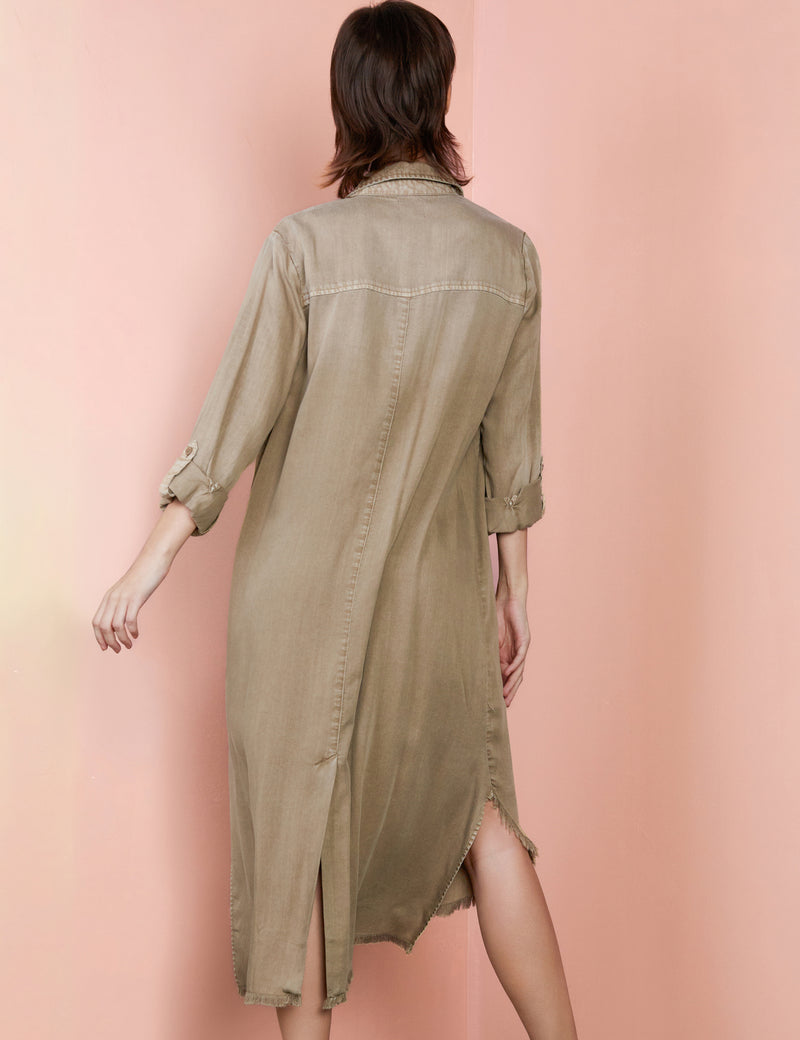Women's Hi-Lo Midi Chill Out Shirtdress in Mushroom Back View