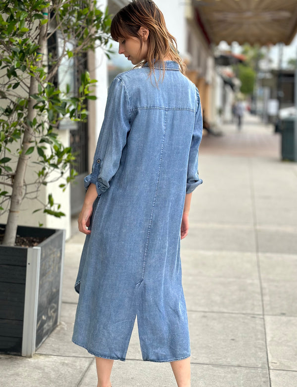 Women's Hi-Lo Midi Chill Out Shirtdress in Reverse Blue Back View