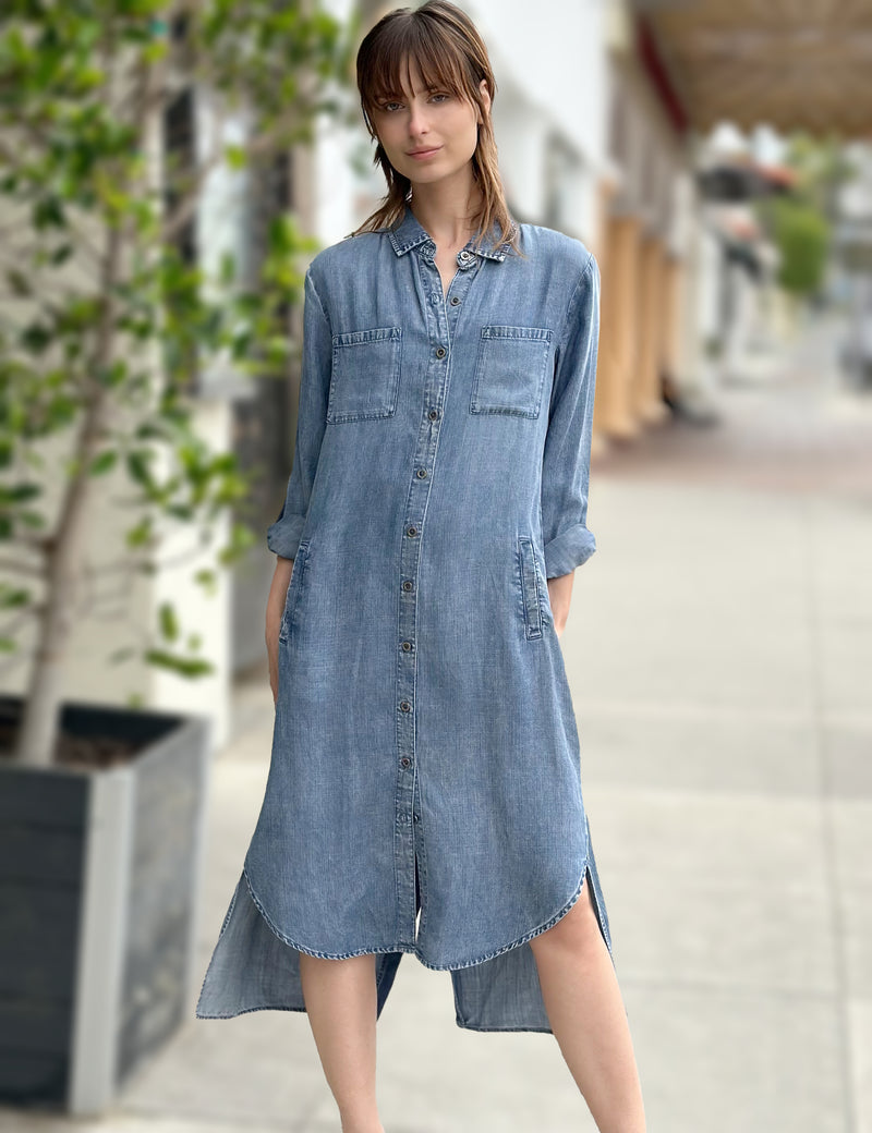 Women's Hi-Lo Midi Chill Out Shirtdress in Reverse Blue Front View