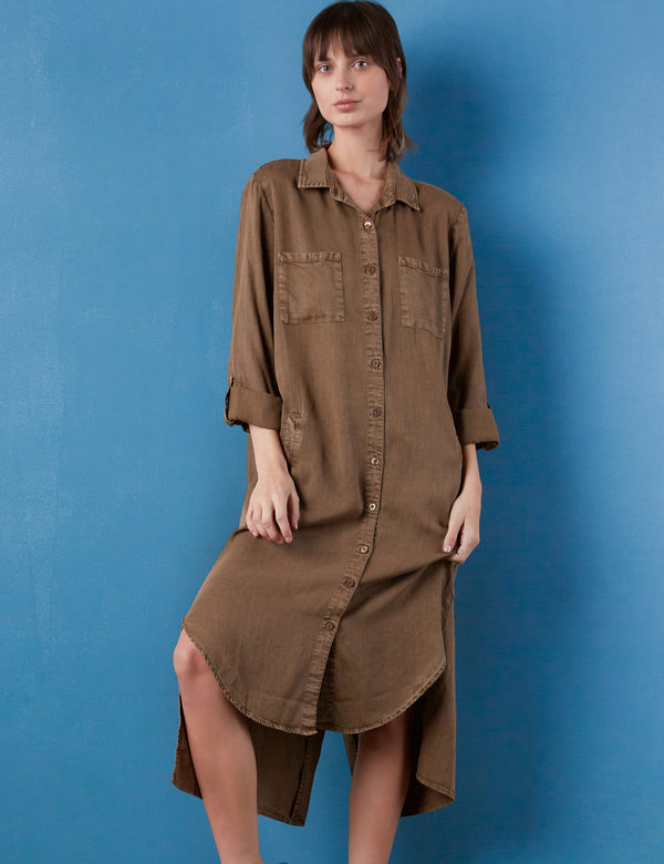 Women's Hi-Lo Midi Chill Out Shirtdress in Wild Mushroom Front View