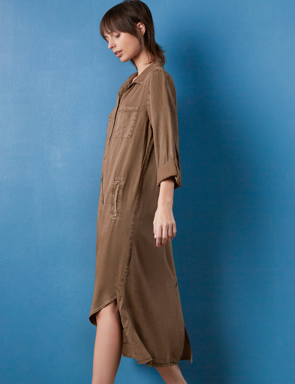 Women's Hi-Lo Midi Chill Out Shirtdress in Wild Mushroom Side View