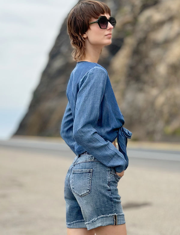 Denim Long Sleeve Tie-Front Shirt Side View