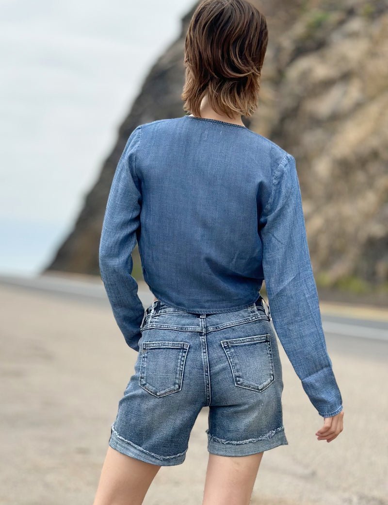 Denim Long Sleeve Tie-Front Shirt Back View