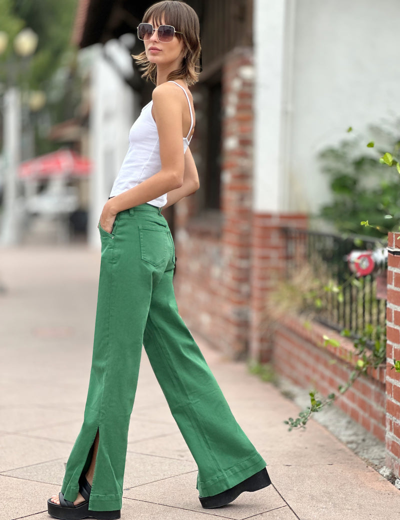 Women's Designer Straight Leg Jeans with Side Slit in Green Money