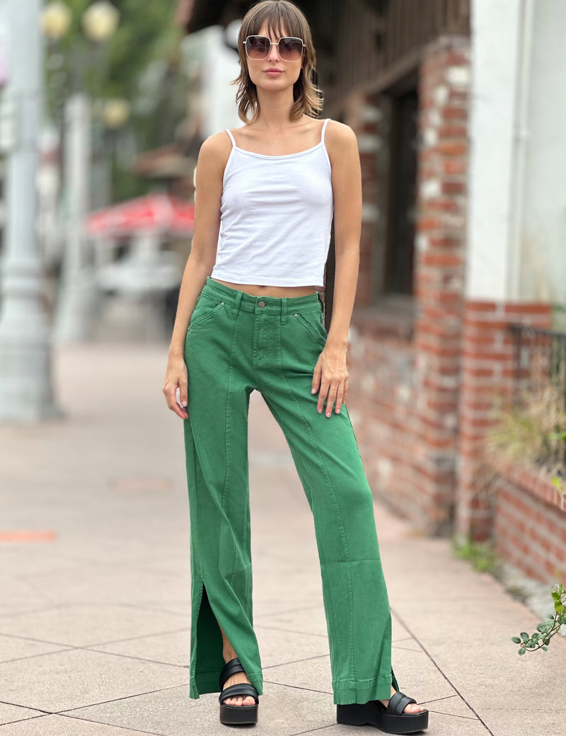 Women's Designer Straight Leg Jeans with Side Slit in Green Money