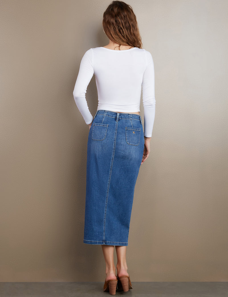 Billy T Designer Denim Midi Skirt Daily Slit Denim Midi Skirt