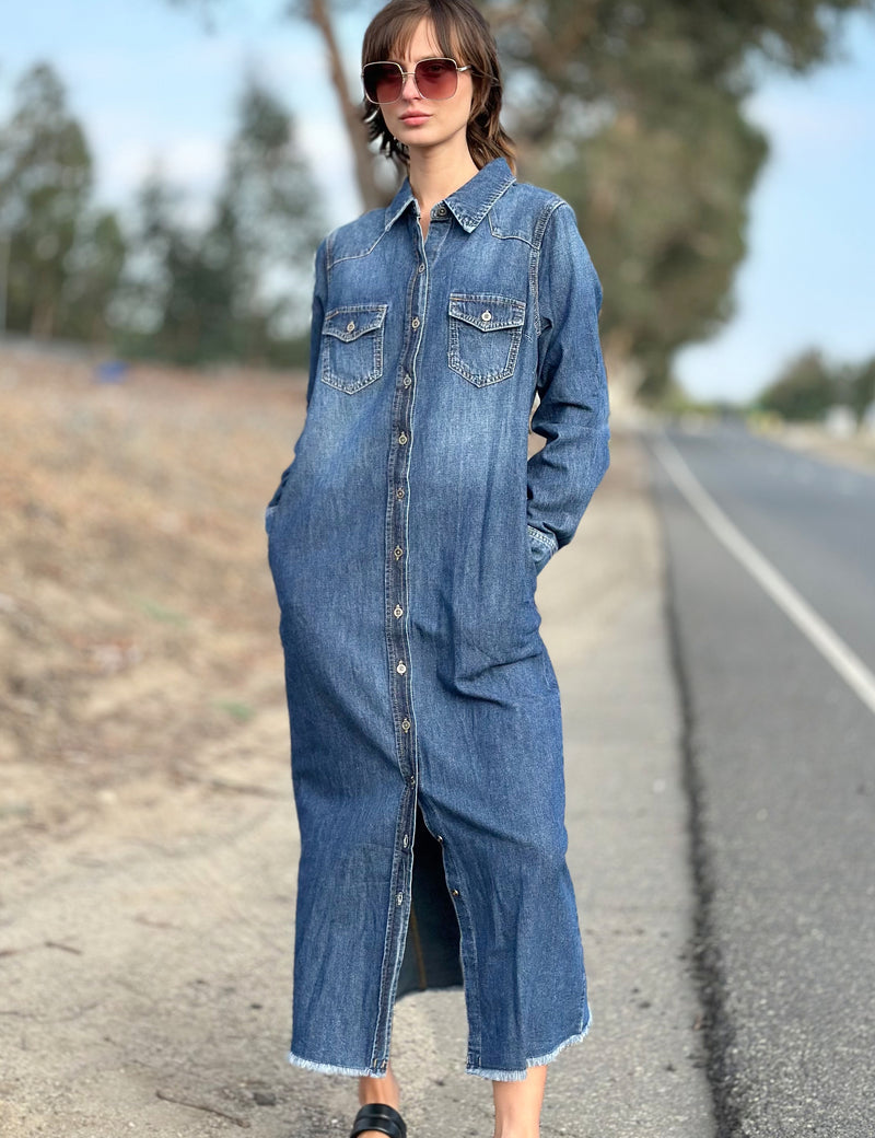 Women’s Denim Maxi Shirtdress – Wash Lab Malibu Blue / M Women’s Denim Maxi Shirtdress – Wash Lab Malibu Blue / M