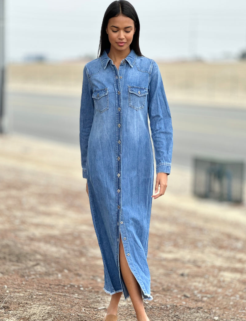 Womens Denim Maxi Shirtdress Wash Lab Monterey Blue / M Womens Denim Maxi Shirtdress Wash Lab Monterey Blue / M