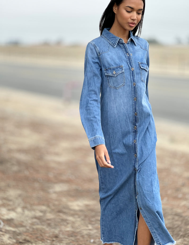 Womens Denim Maxi Shirtdress Wash Lab Monterey Blue / M Womens Denim Maxi Shirtdress Wash Lab Monterey Blue / M