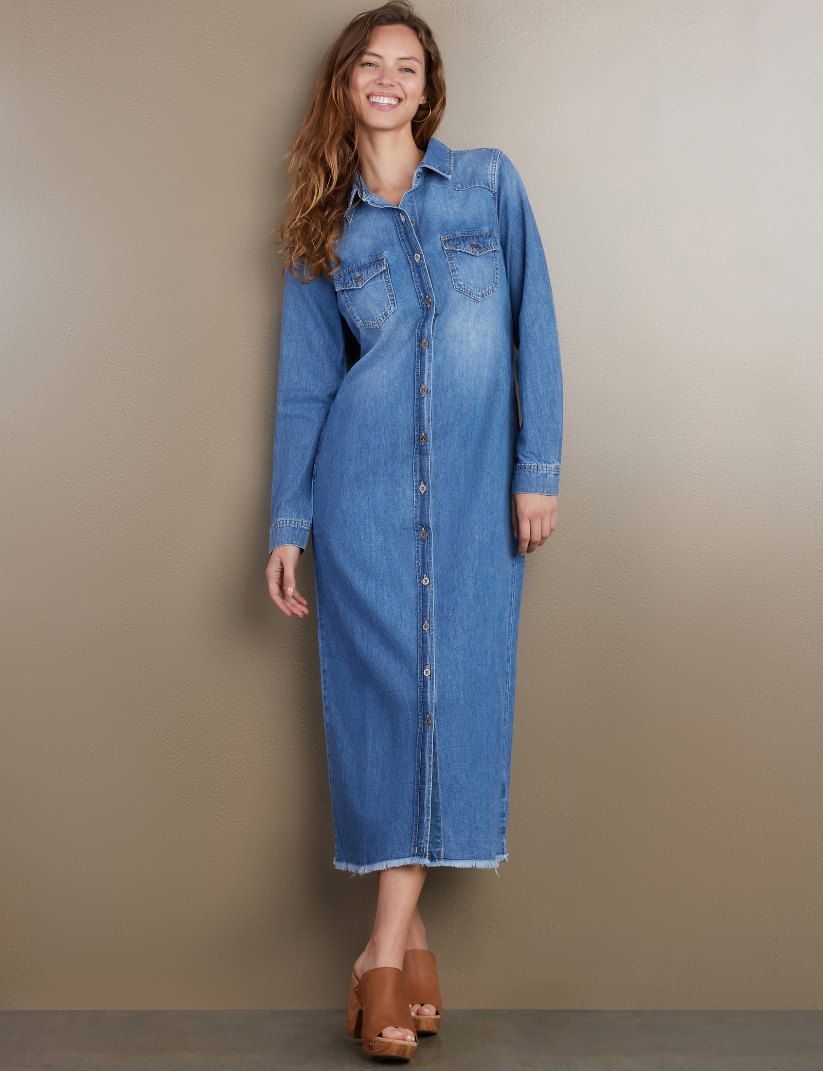 Womens Denim Maxi Shirtdress Wash Lab Monterey Blue / M Womens Denim Maxi Shirtdress Wash Lab Monterey Blue / M