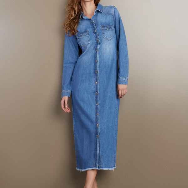 Women’s Denim Maxi Shirtdress – Wash Lab Monterey Blue / M