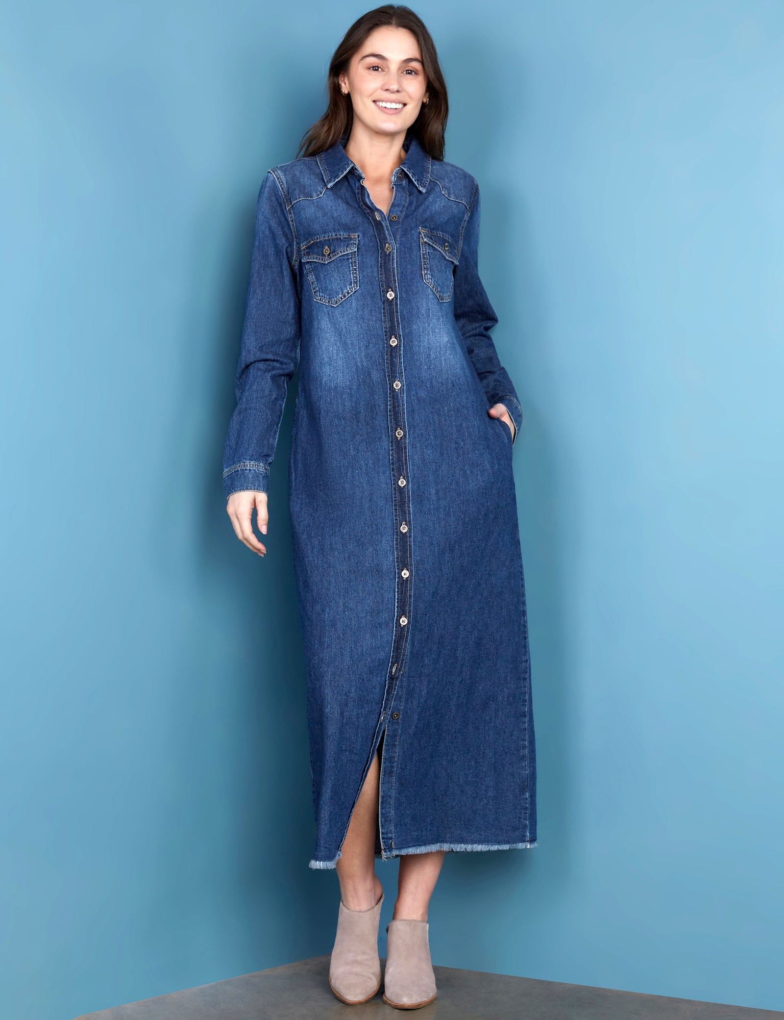 Womens Denim Maxi Shirtdress Wash Lab Malibu Blue / M Womens Denim Maxi Shirtdress Wash Lab Malibu Blue / M