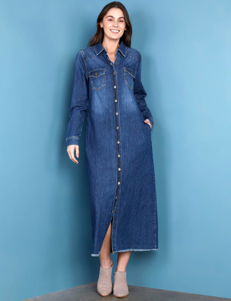 Womens Denim Maxi Shirtdress Wash Lab Malibu Blue / M Womens Denim Maxi Shirtdress Wash Lab Malibu Blue / M