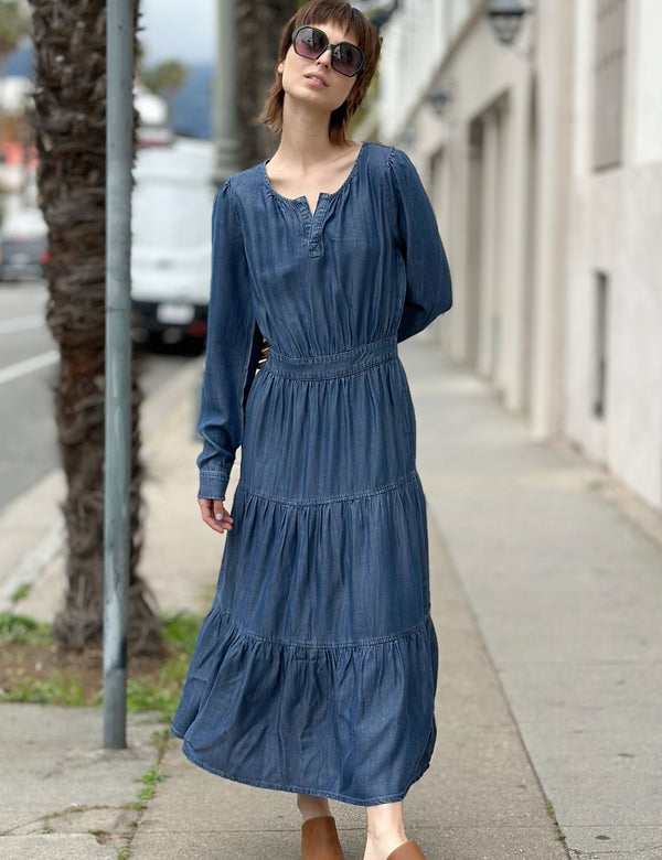 Women's Tiered Long Sleeve Denim Maxi Dress Front View