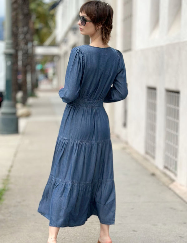 Women's Tiered Long Sleeve Denim Maxi Dress Back View