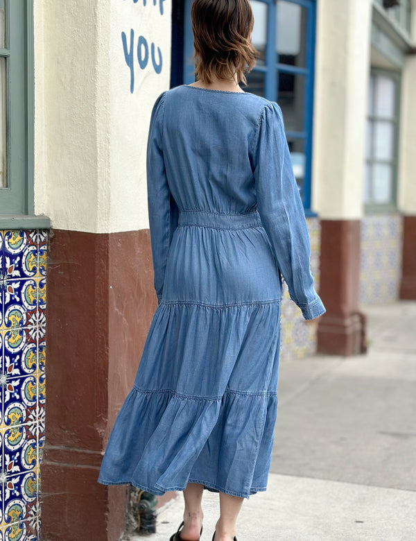Women's Tiered Denim Maxi Dress in Soft Blue Back View
