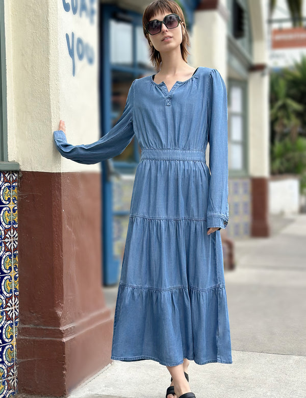 Women's Tiered Denim Maxi Dress in Soft Blue Front View