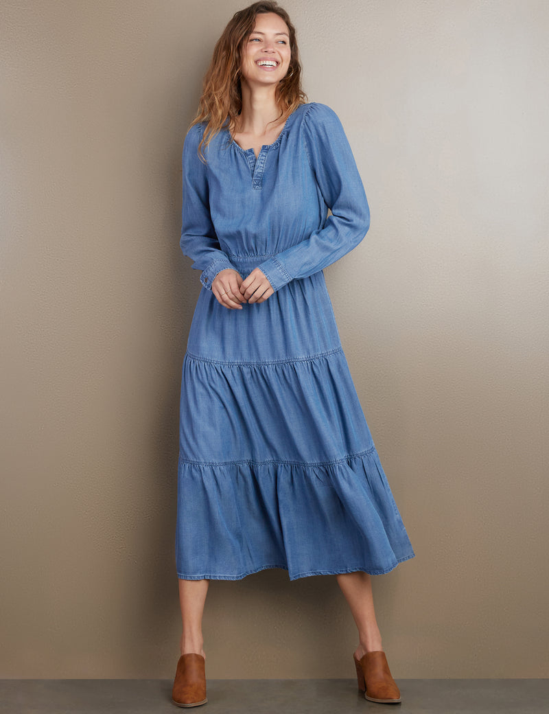 Women's Designer Denim Peasant Maxi Dress in Soft Blue