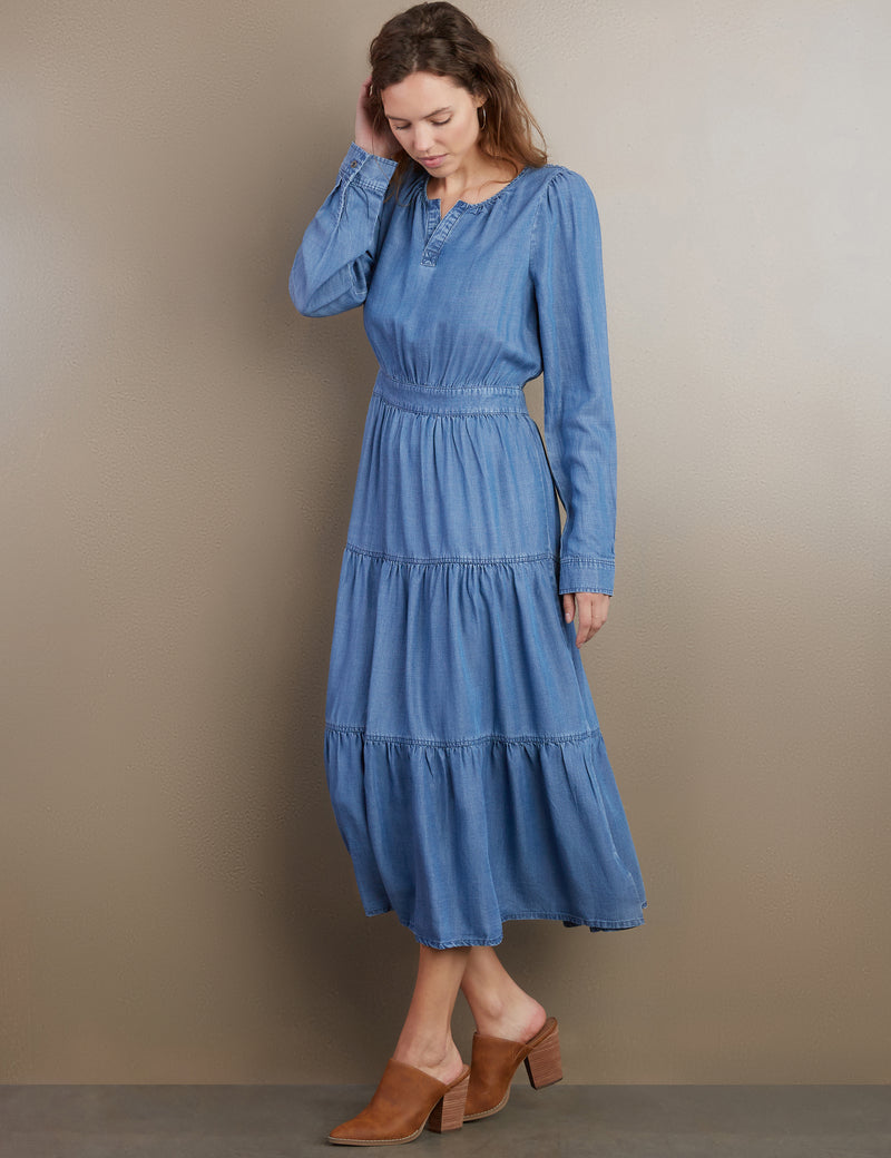 Women's Designer Denim Peasant Maxi Dress in Soft Blue