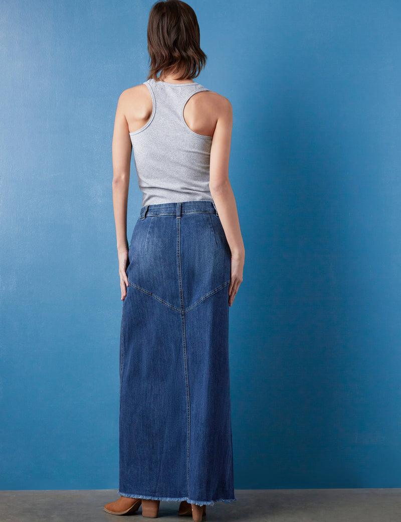 Pieced Denim Maxi Skirt in Retro Blue Back View