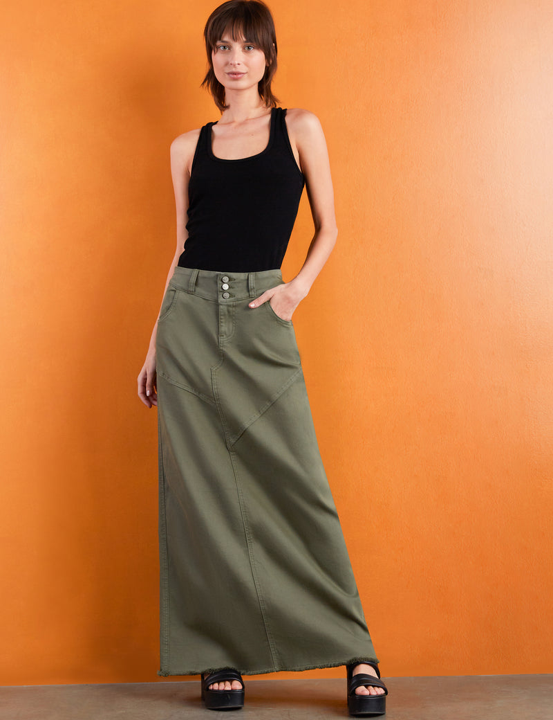 Pieced Denim Maxi Skirt in Dusty Green Front View