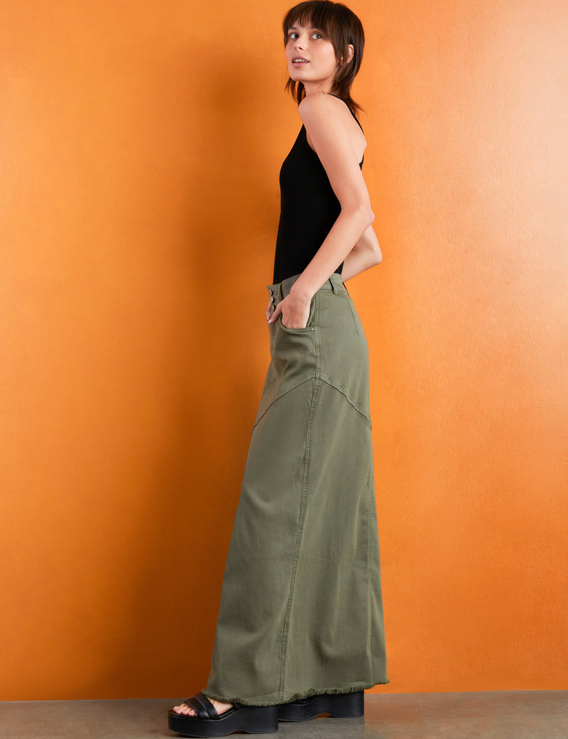 Pieced Denim Maxi Skirt in Dusty Green Side View