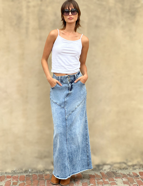Pieced Denim Maxi Skirt in Pacific Blue Front View
