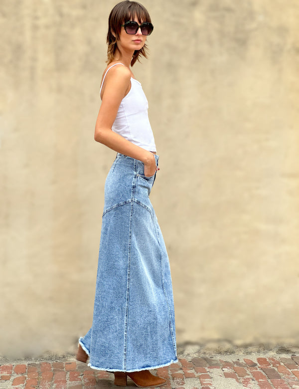 Pieced Denim Maxi Skirt in Pacific Blue Side View