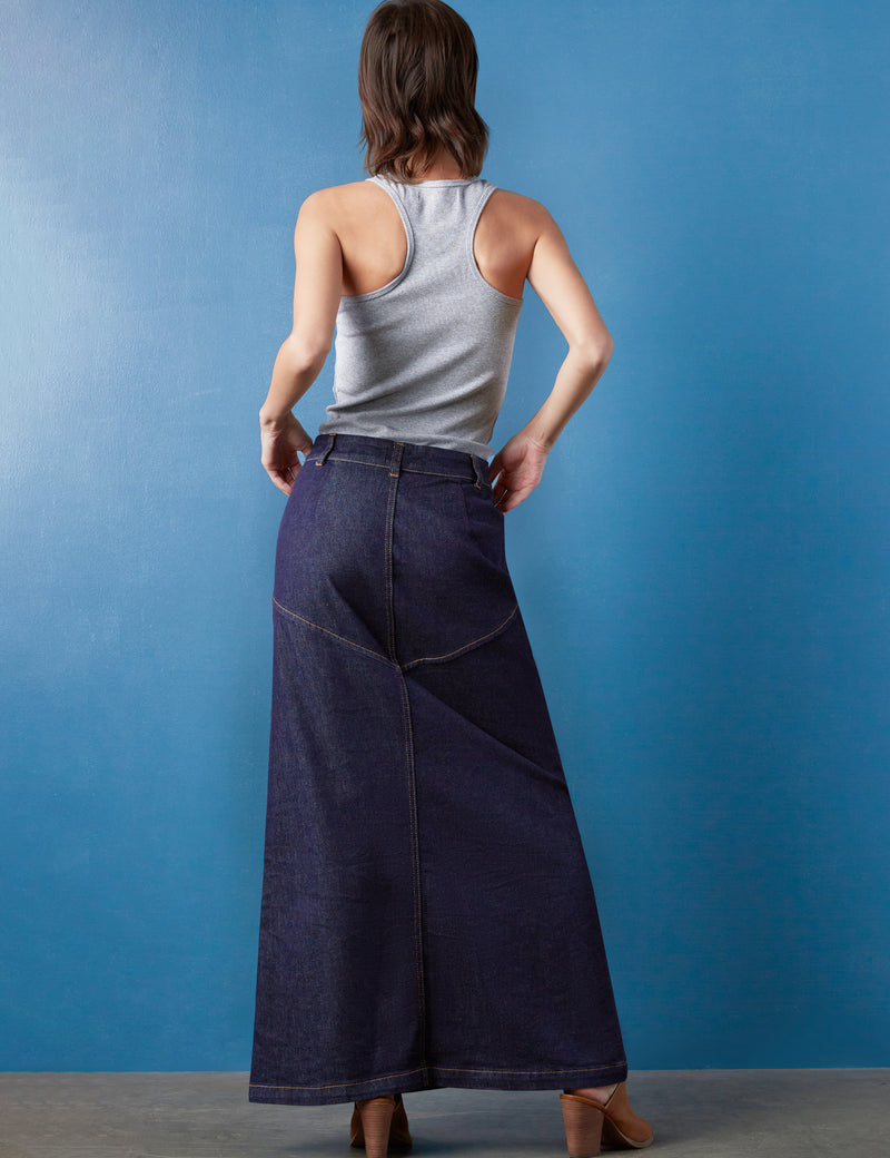 Pieced Denim Maxi Skirt in Raw Denim Back View