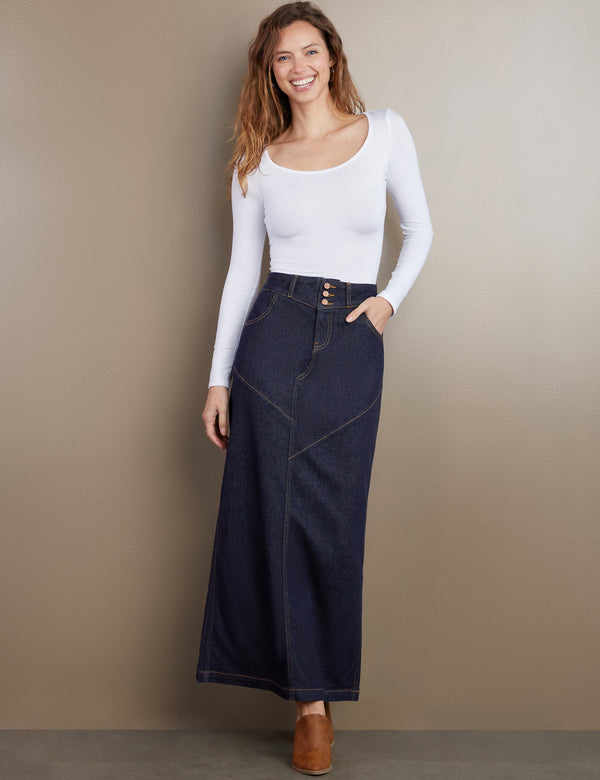Women's Designer Classic Denim Maxi Skirt in Raw Denim