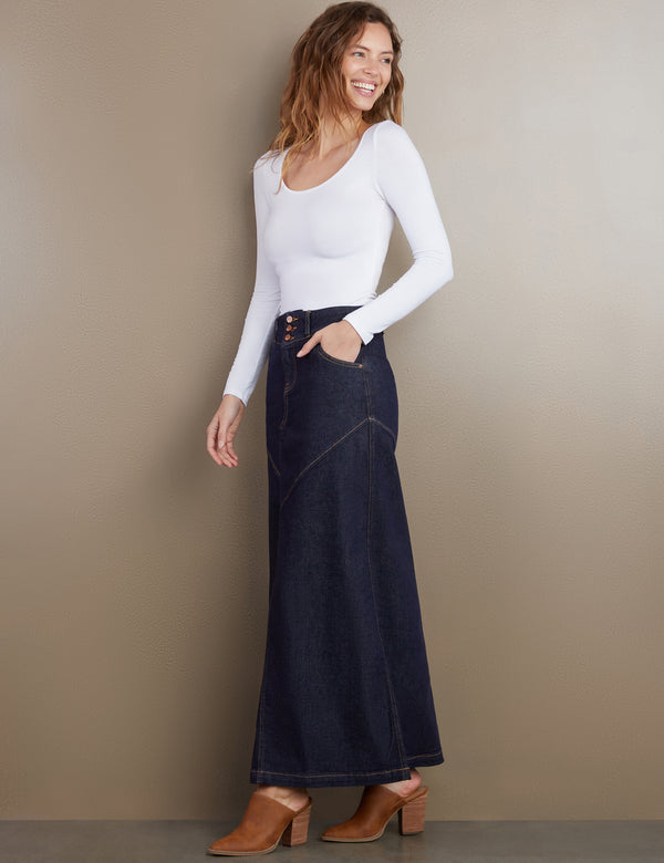 Women's Designer Classic Denim Maxi Skirt in Raw Denim