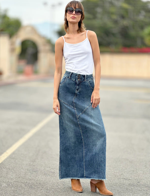 Pieced Denim Maxi Skirt in Shine Blue Front View
