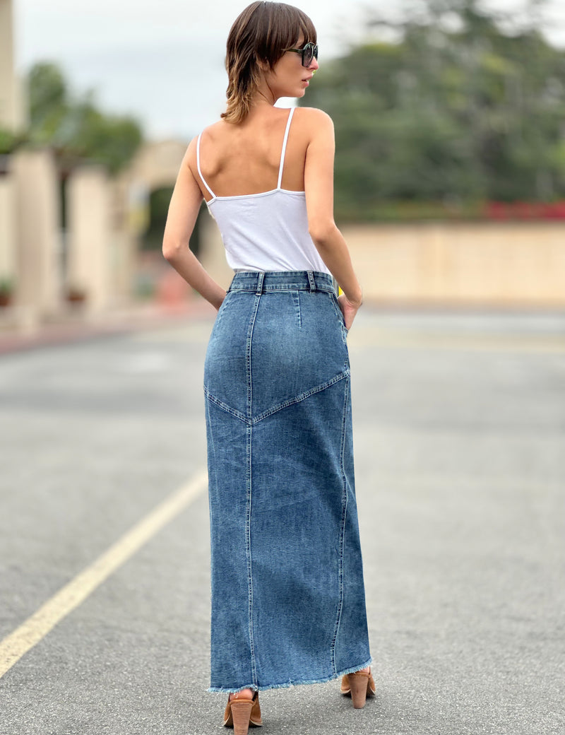Pieced Denim Maxi Skirt in Shine Blue Back View