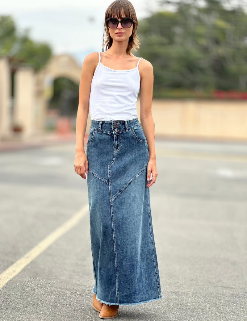 Pieced Denim Maxi Skirt in Shine Blue Front View